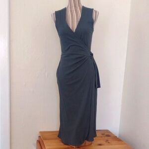 SLSF Sarah Liller Teal Ribbed Knit Sleeveless Midi Wrap Dress w Pockets Size S
